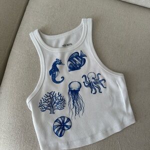 White Tank Top with Blue Sea Creatures
